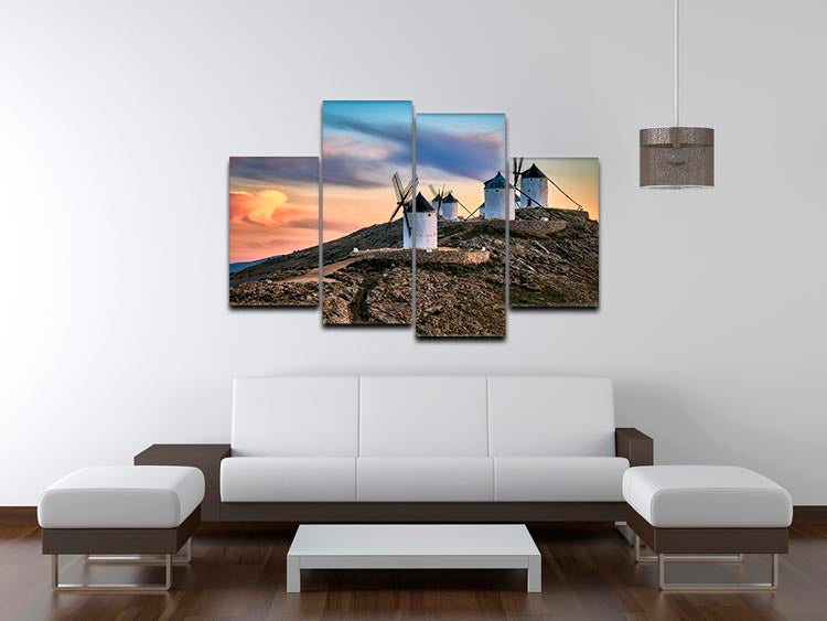 Molinos Al Viento 4 Split Panel Canvas showcasing a vibrant windmill scene divided into four equal sections.