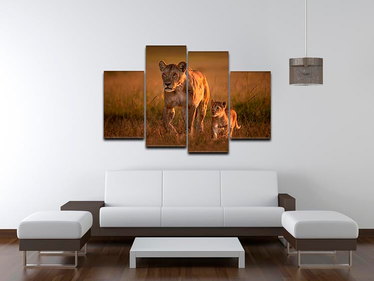 A beautiful 4-split canvas artwork featuring a mom lioness with her cub, showcasing vibrant colors and intricate details.