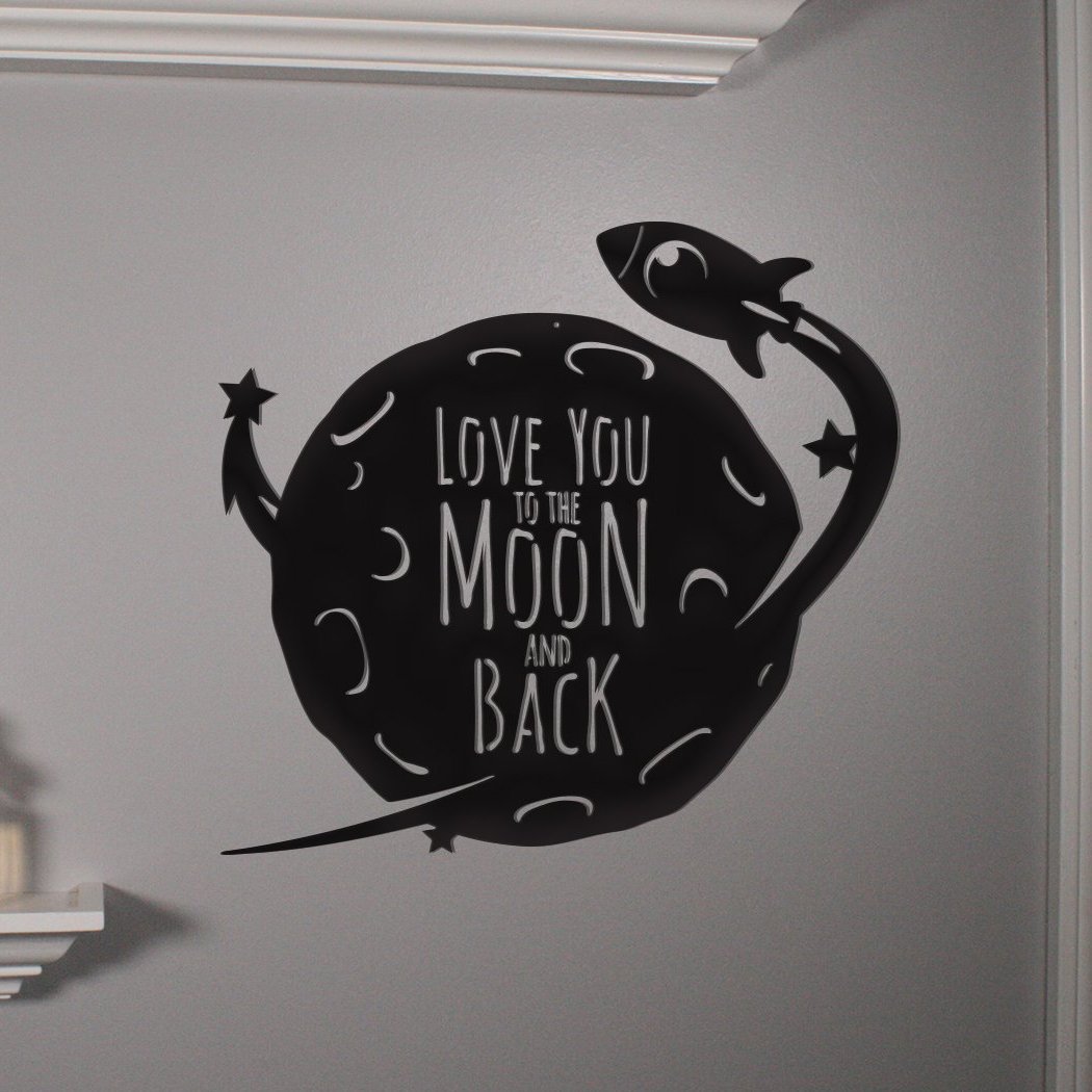 Moon and Back Rocket Metal Wall Art, crafted from high-quality steel, featuring a whimsical rocket design perfect for indoor or outdoor decor.