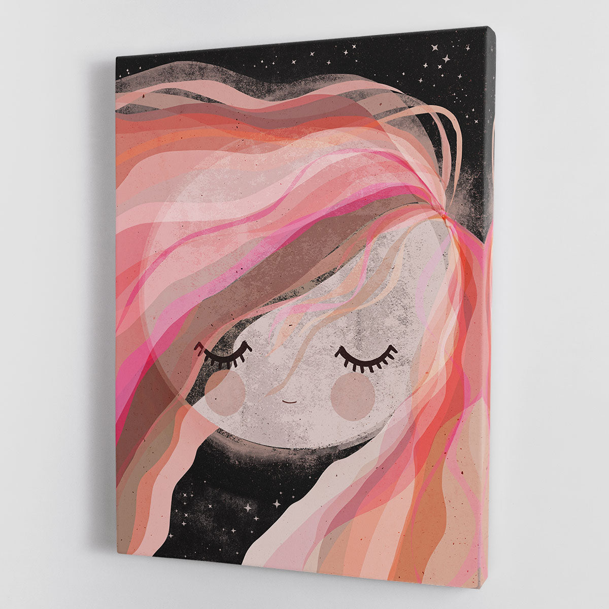 Moon Girl Canvas Print featuring a whimsical design with vibrant colors, perfect for home decor.