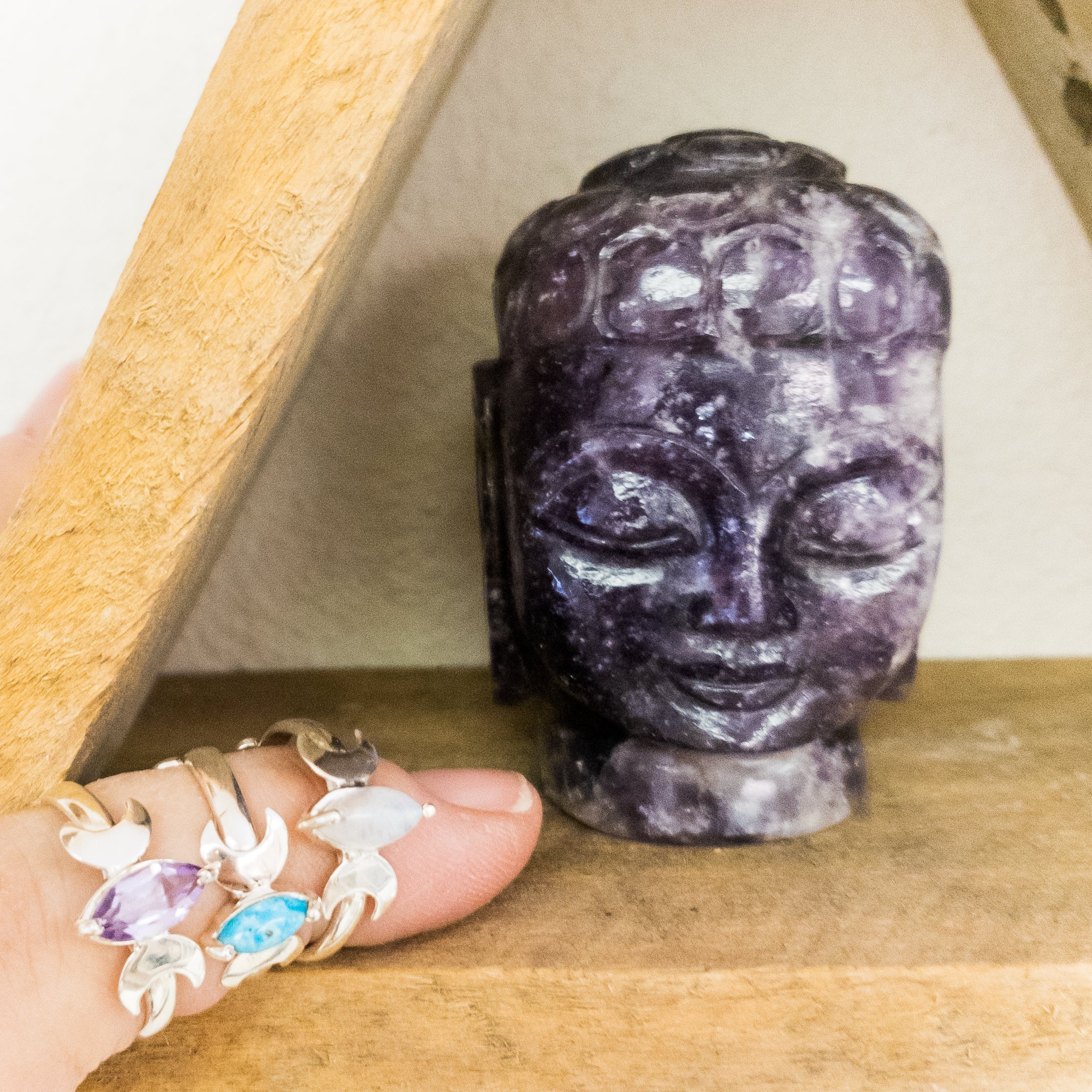 Moon Phase Silver Adjustable Rings featuring Amethyst, Turquoise, or Moonstone gemstones with silver crescent moons.