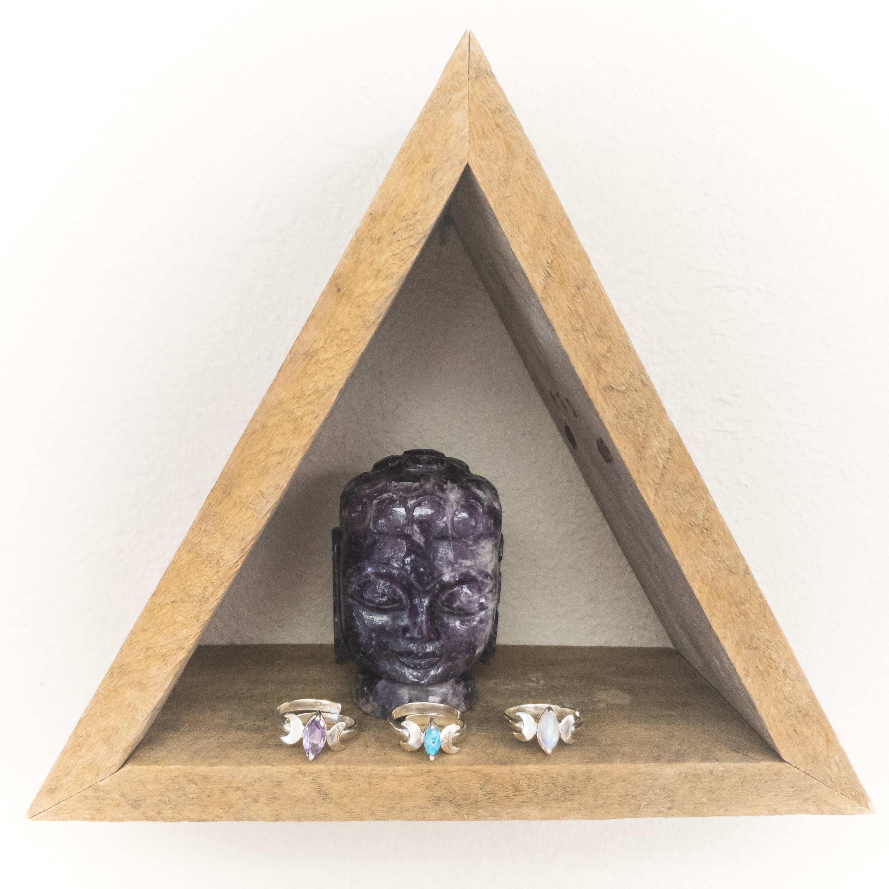 Moon Phase Silver Adjustable Rings featuring Amethyst, Turquoise, or Moonstone gemstones with silver crescent moons.