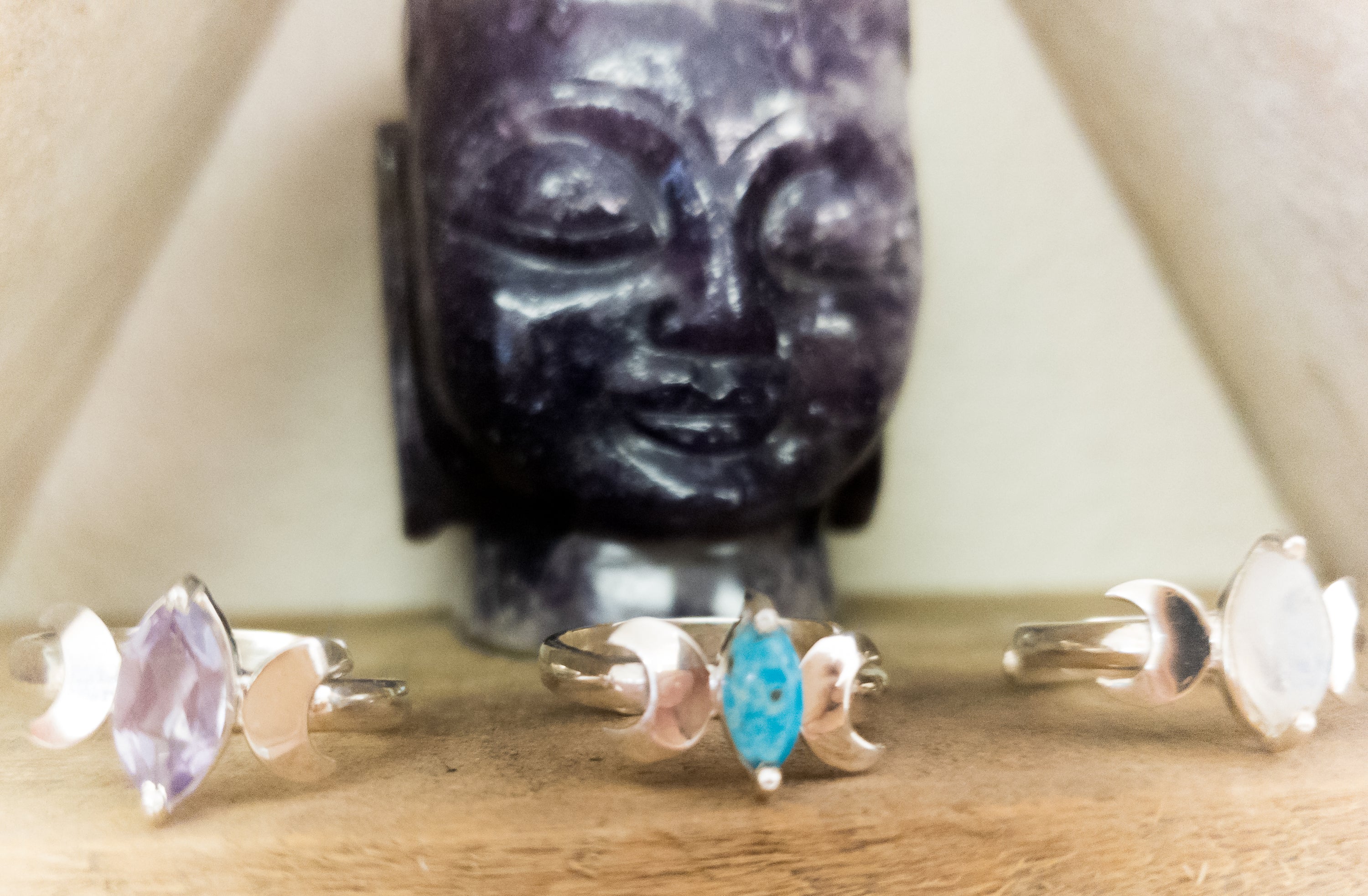 Moon Phase Silver Adjustable Rings featuring Amethyst, Turquoise, or Moonstone gemstones with silver crescent moons.