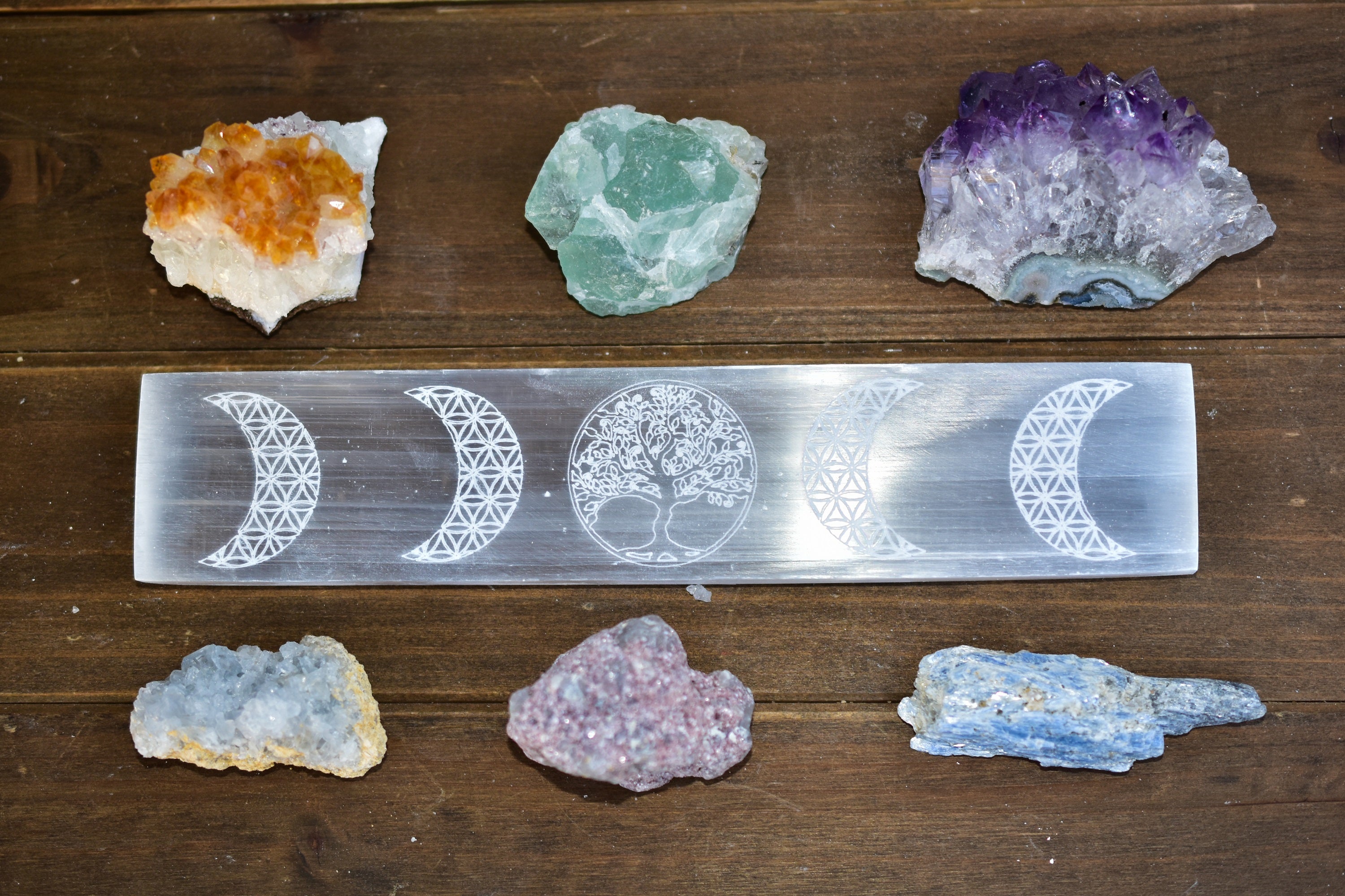 Moon Phase Selenite Bar with Tree of Life engraving, featuring crescent moons and a full moon design, perfect for crystal charging.
