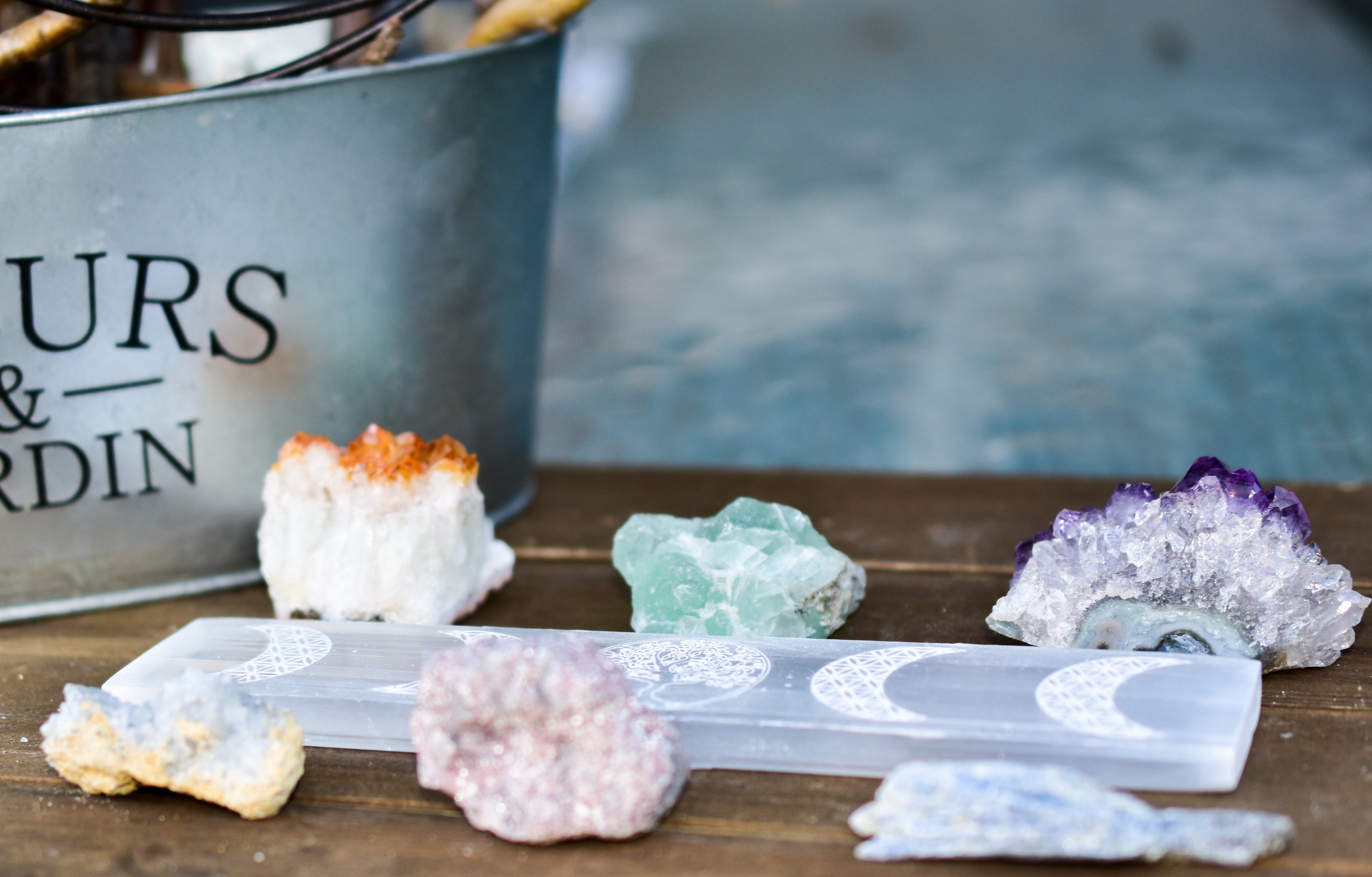 Moon Phase Selenite Bar with Tree of Life engraving, featuring crescent moons and a full moon design, perfect for crystal charging.