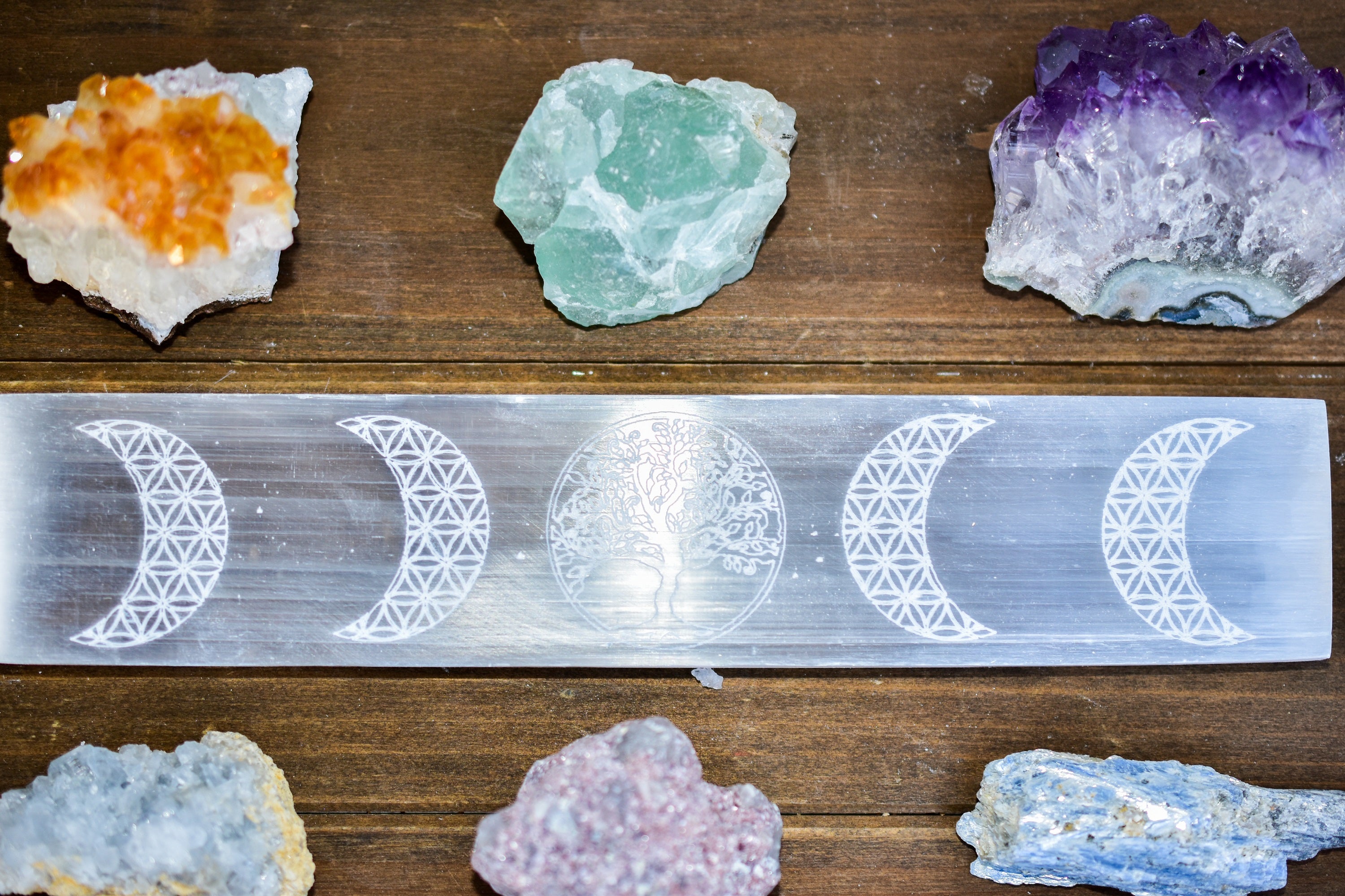 Moon Phase Selenite Bar with Tree of Life engraving, featuring crescent moons and a full moon design, perfect for crystal charging.