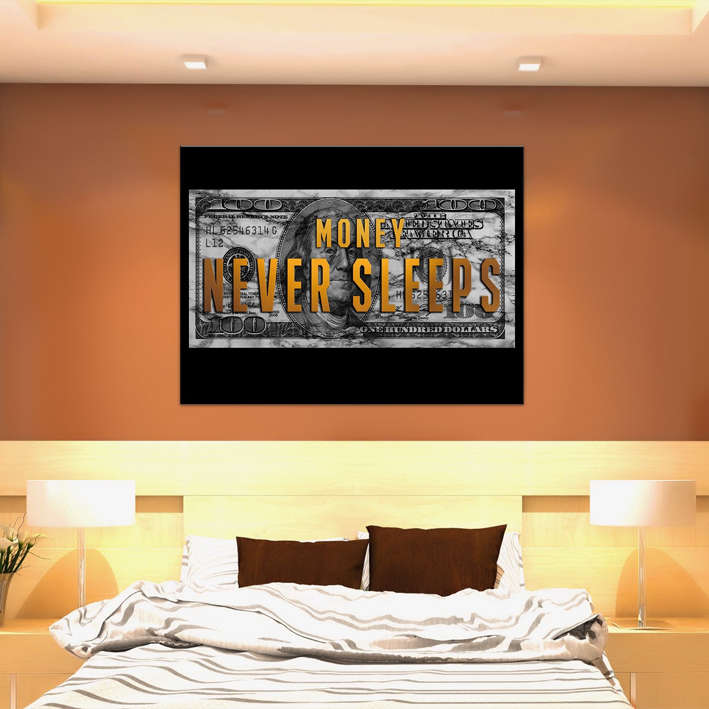 Money Never Sleeps Canvas featuring modern art design, perfect for home or office decor.