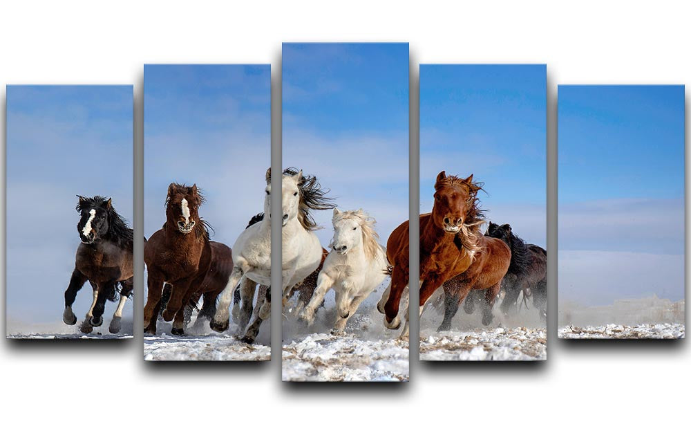 A stunning 5-panel canvas artwork featuring majestic Mongolia horses, showcasing vibrant colors and intricate details.