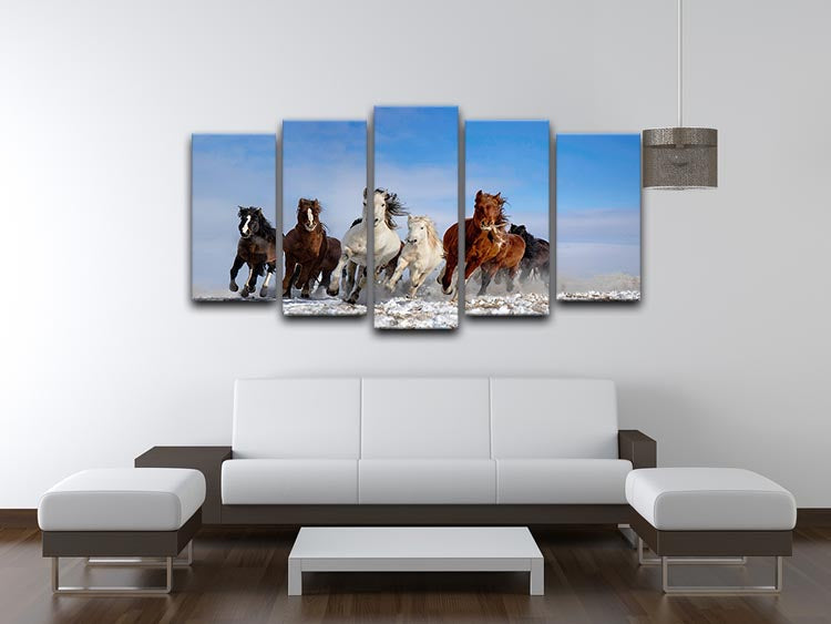 A stunning 5-panel canvas artwork featuring majestic Mongolia horses, showcasing vibrant colors and intricate details.