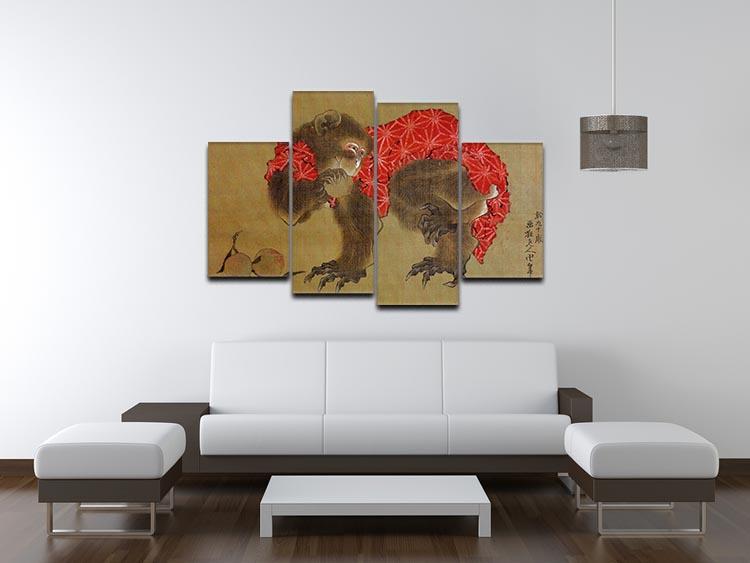 A 4-split canvas artwork featuring a monkey, inspired by Hokusai's artistic style, showcasing vibrant colors and intricate details.
