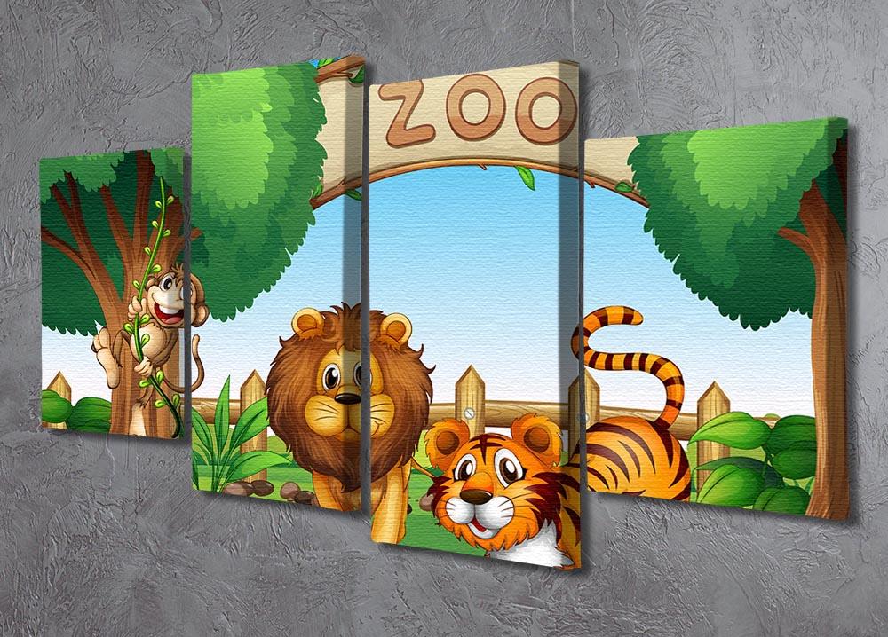 A vibrant 4-split canvas artwork featuring a monkey, lion, and tiger, showcasing their majestic beauty in a dynamic arrangement.