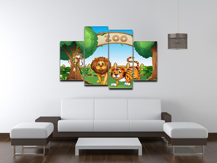 A vibrant 4-split canvas artwork featuring a monkey, lion, and tiger, showcasing their majestic beauty in a dynamic arrangement.