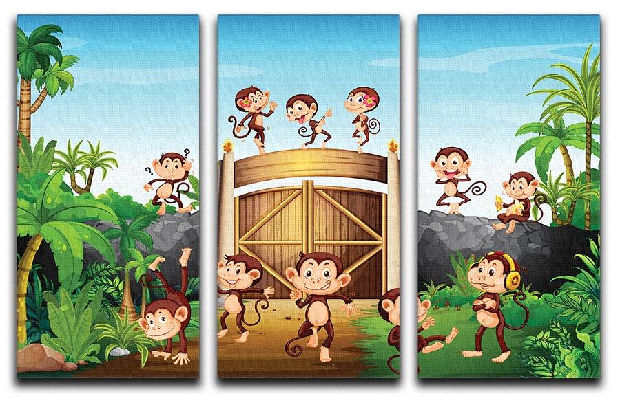 A vibrant 3-panel canvas print featuring playful monkeys at a gate, perfect for home decor.