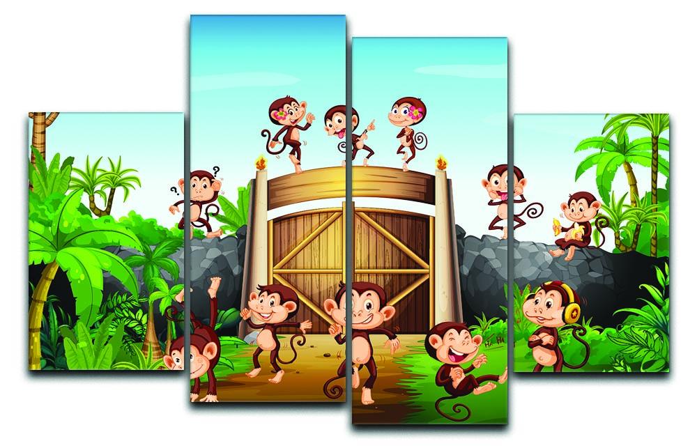 A vibrant 4-panel canvas artwork featuring playful monkeys at a gate, showcasing a lively and colorful design.