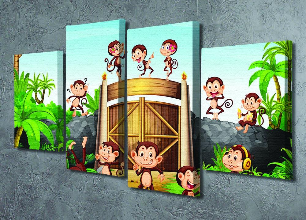 A vibrant 4-panel canvas artwork featuring playful monkeys at a gate, showcasing a lively and colorful design.