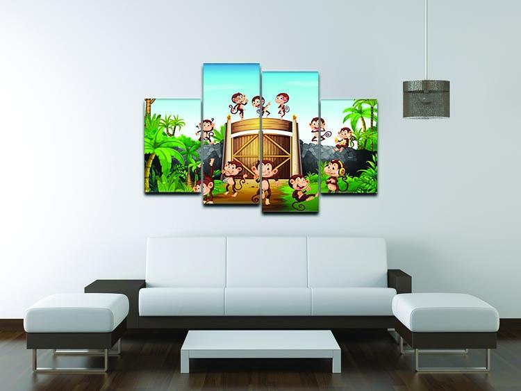 A vibrant 4-panel canvas artwork featuring playful monkeys at a gate, showcasing a lively and colorful design.