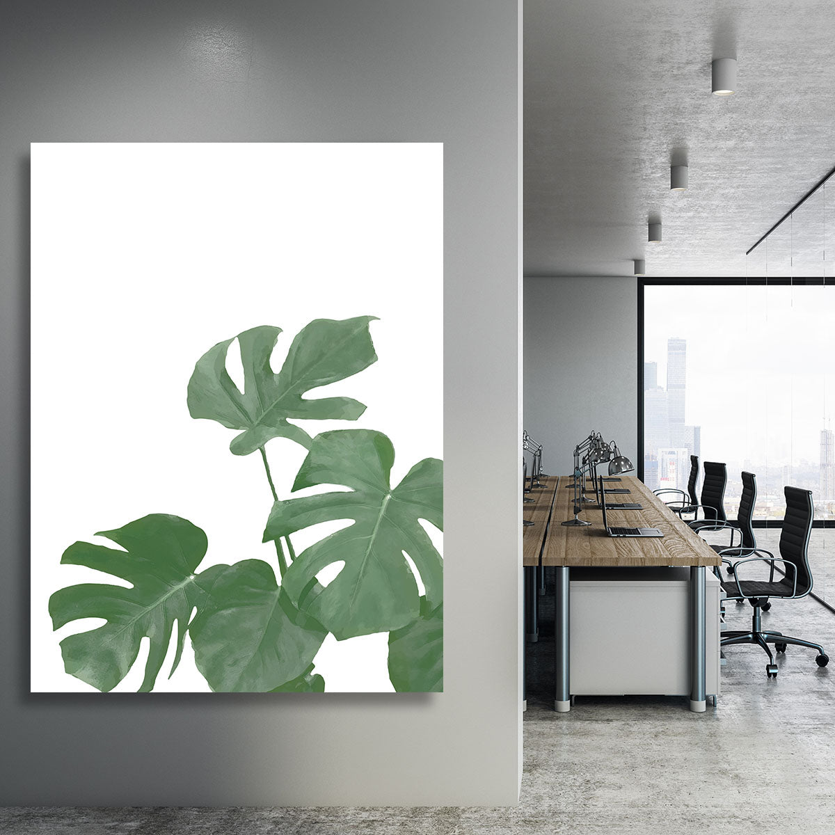 Monstera Aqua 04 canvas print featuring vibrant green leaves on a textured background, perfect for modern decor.
