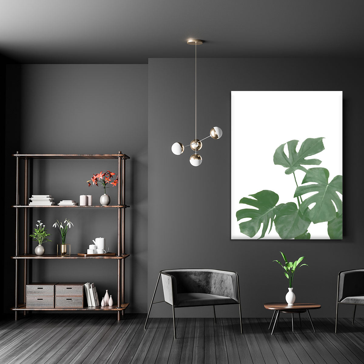 Monstera Aqua 04 canvas print featuring vibrant green leaves on a textured background, perfect for modern decor.