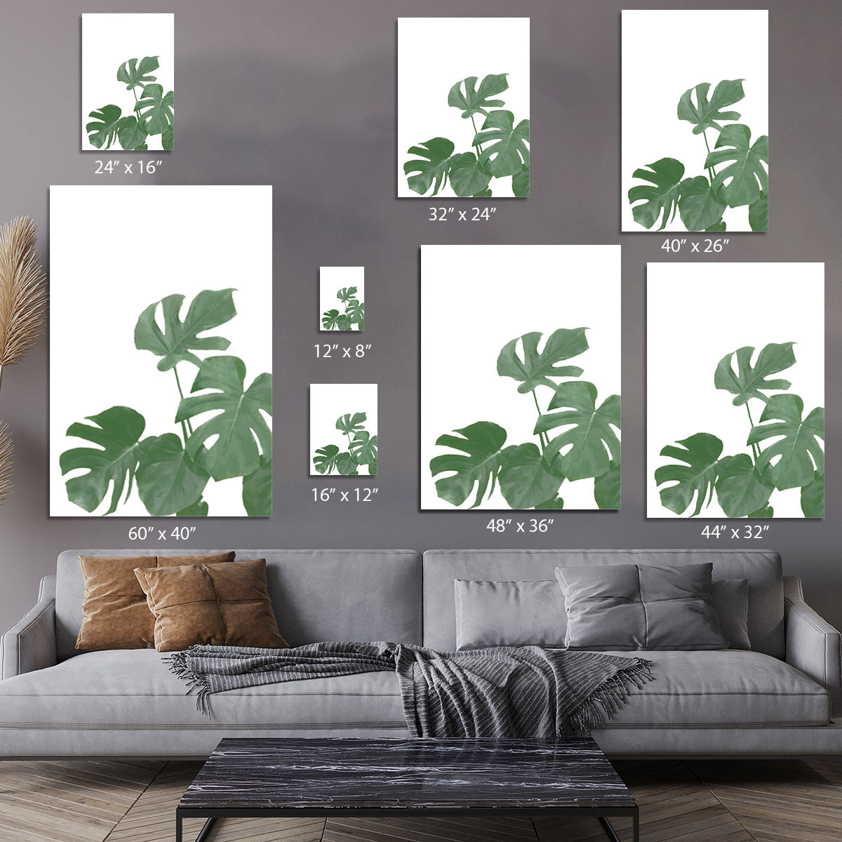Monstera Aqua 04 canvas print featuring vibrant green leaves on a textured background, perfect for modern decor.