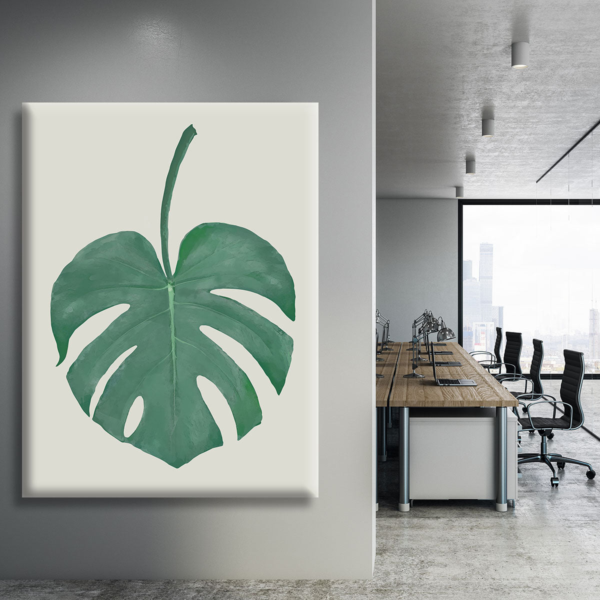 Monstera Aqua 05 canvas print featuring vibrant green leaves on a textured background, perfect for modern home decor.