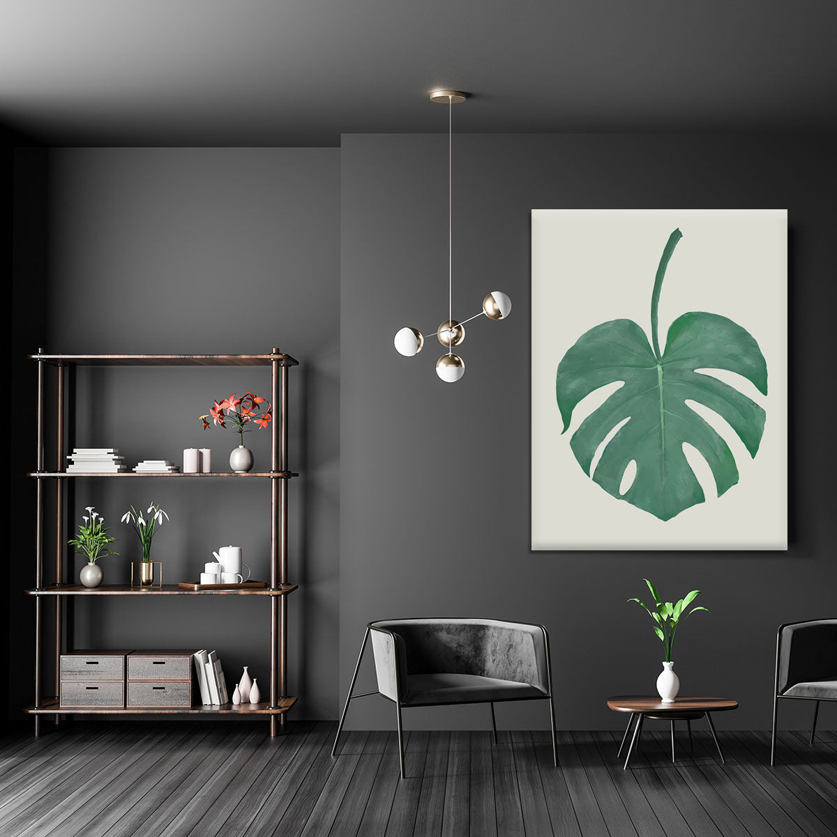 Monstera Aqua 05 canvas print featuring vibrant green leaves on a textured background, perfect for modern home decor.