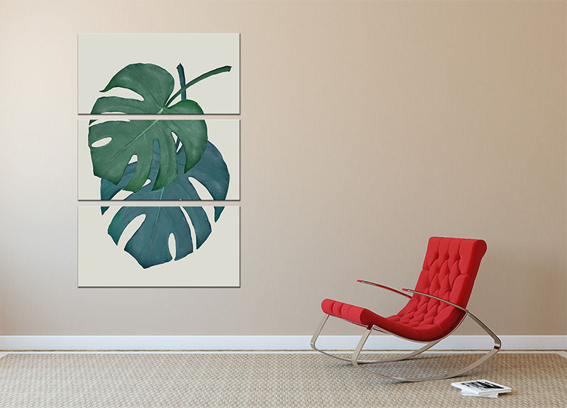 Monstera Aqua 06 3 Split Panel Canvas Print featuring vibrant green monstera leaves on a stylish canvas.
