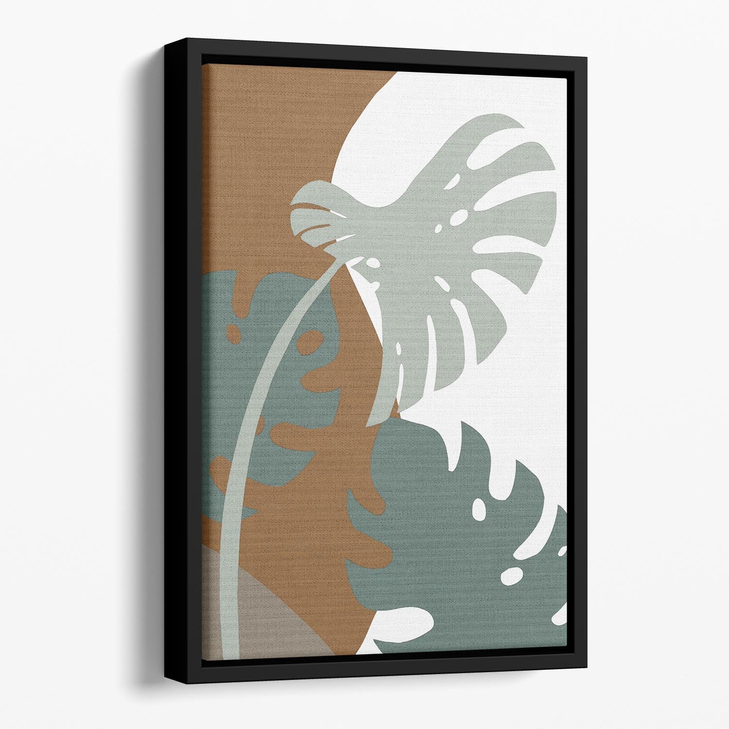 Monstera Cut Out Floating Framed Canvas showcasing vibrant colors and intricate design in a handcrafted wooden frame.