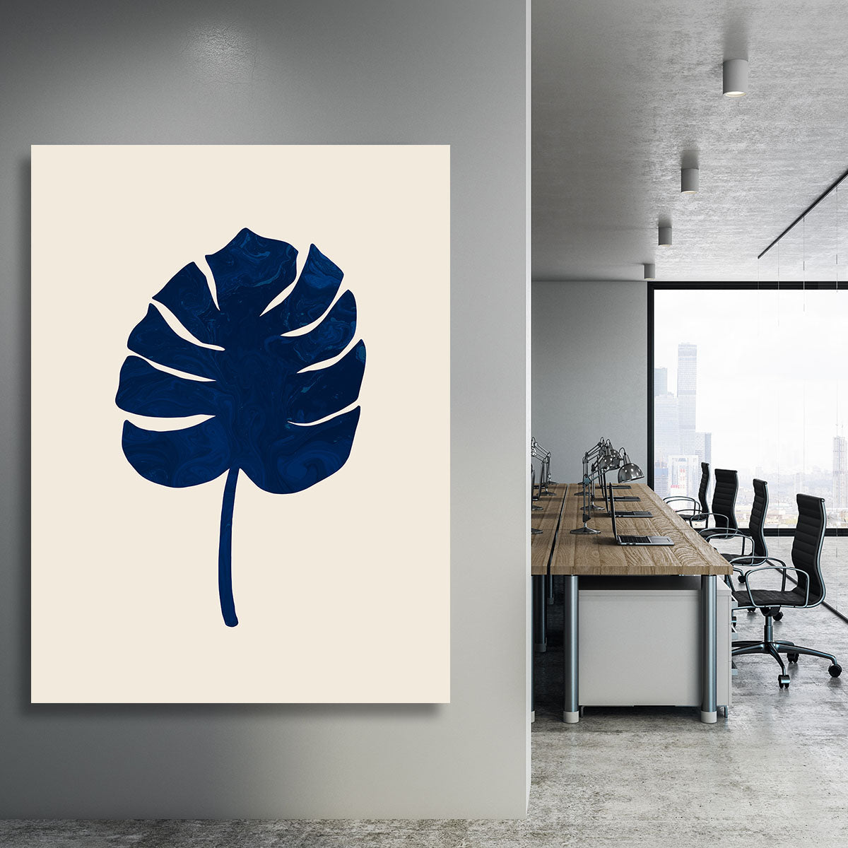 Monstera Marble Blue Canvas Print showcasing a vibrant marble design with Monstera leaves, perfect for modern decor.