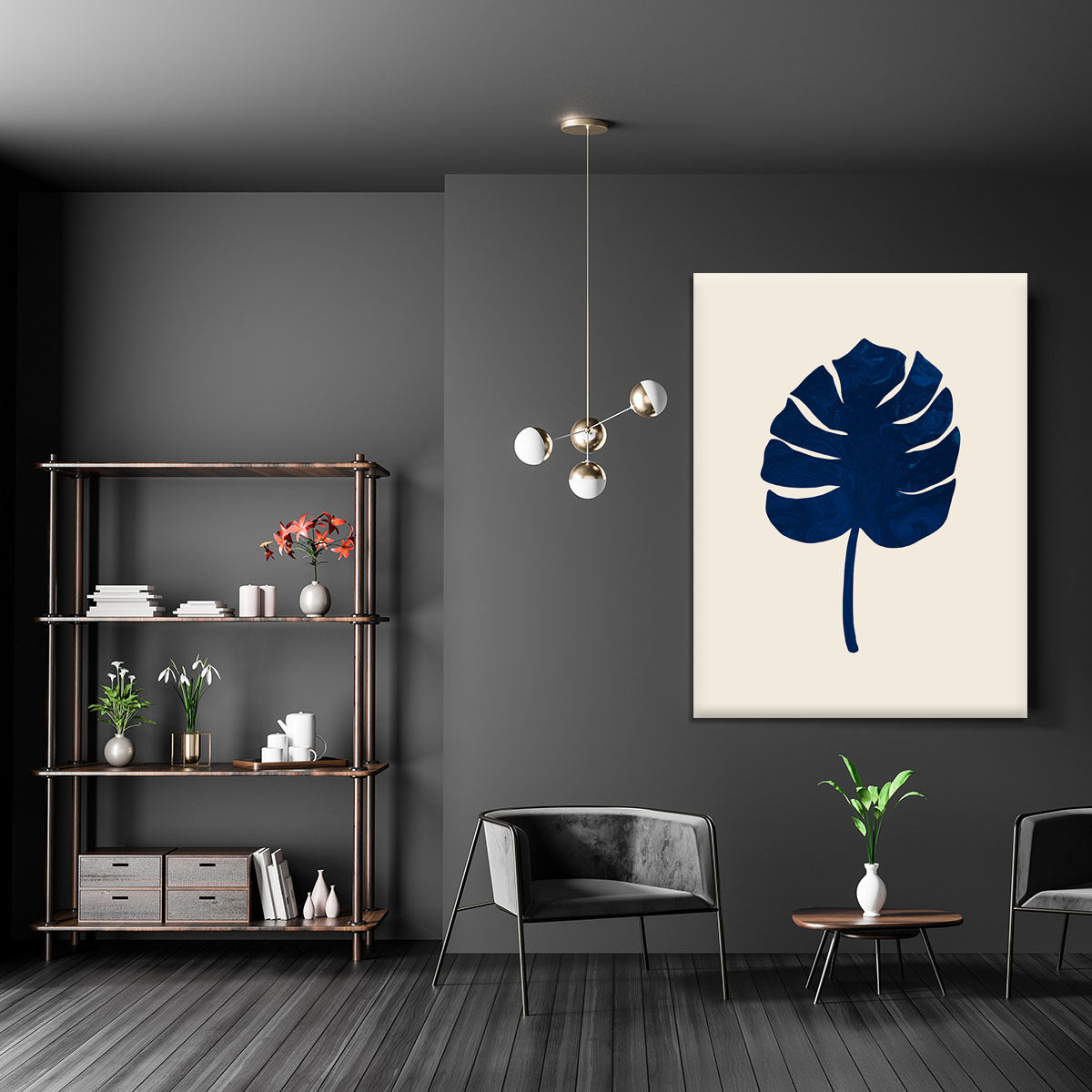 Monstera Marble Blue Canvas Print showcasing a vibrant marble design with Monstera leaves, perfect for modern decor.