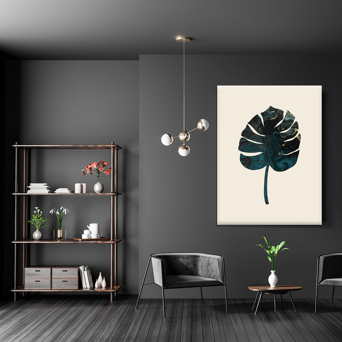 Monstera Marble Green Canvas Print showcasing vibrant green leaves on a marble background, perfect for modern decor.