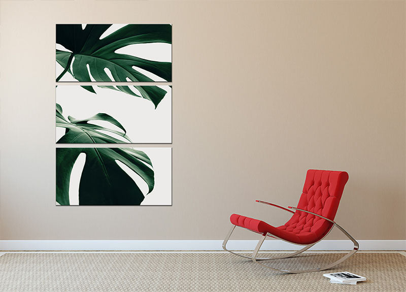 Monstera Natural 12 3 Split Panel Canvas Print featuring lush green leaves on three panels, perfect for home decor.