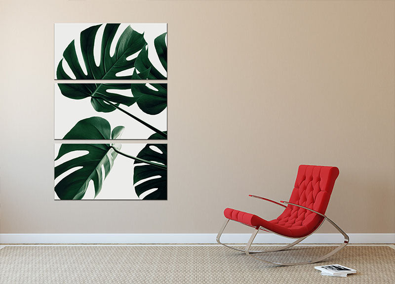 A beautiful 3-panel canvas print featuring Monstera leaves, showcasing vibrant colors and intricate details, perfect for home decor.