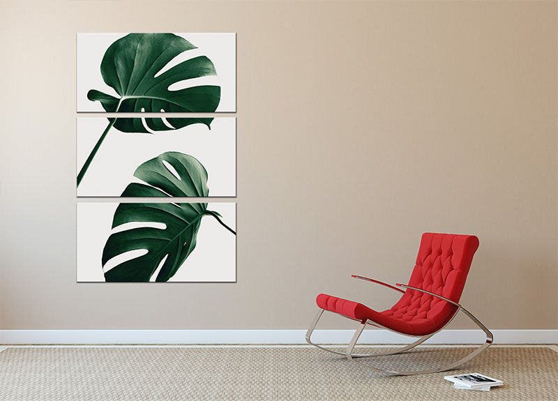 Monstera Natural 46 3 Split Panel Canvas Print featuring lush green monstera leaves on a stylish three-panel design.