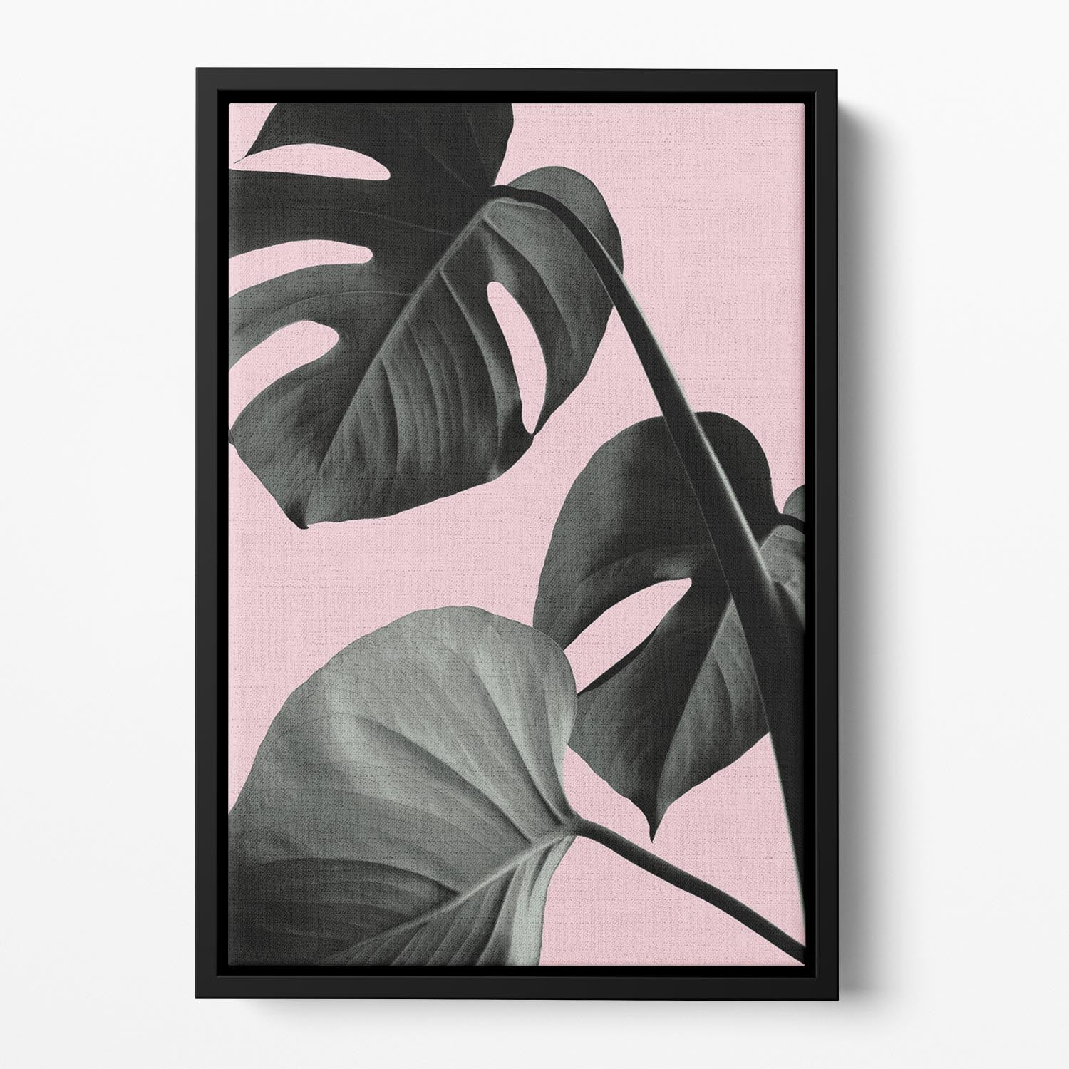 Monstera Pink No 04 Floating Framed Canvas featuring vibrant pink and green abstract design in a handcrafted wooden frame.
