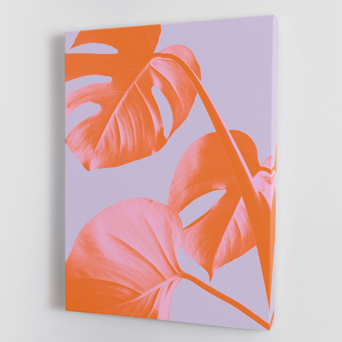 Monstera Purple 03 canvas print showcasing vibrant green leaves on a purple background, perfect for modern decor.
