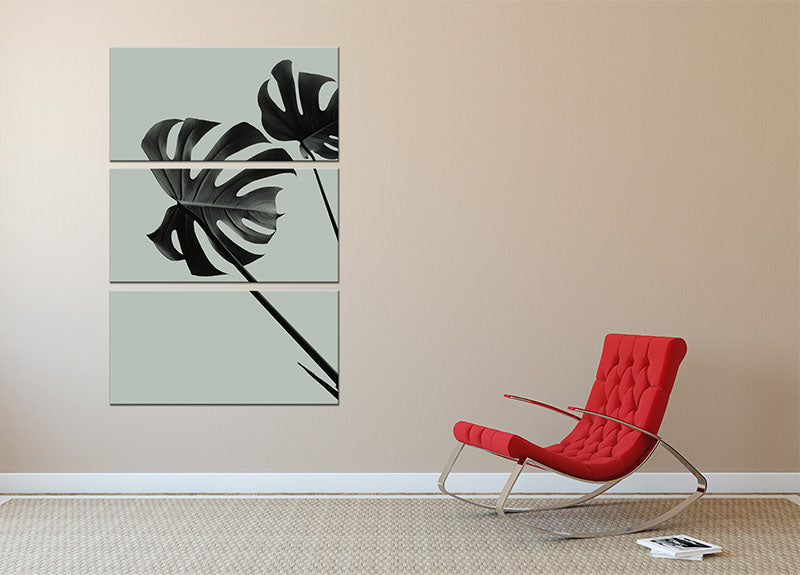Monstera Teal 09 3 Split Panel Canvas Print showcasing vibrant teal colors and intricate design, perfect for home decor.