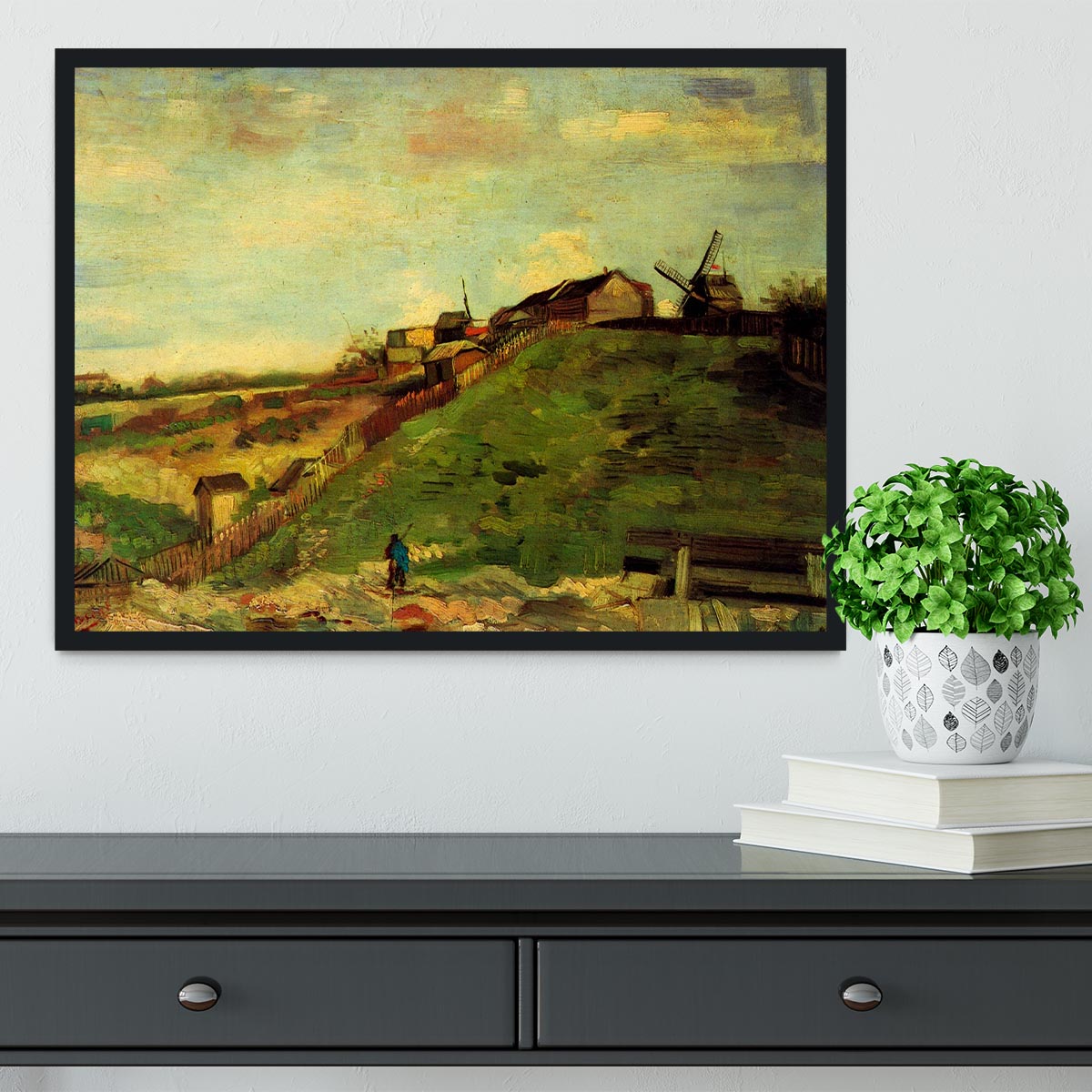 Framed print of Montmartre Quarry the Mills by Van Gogh, showcasing vibrant colors and intricate details in a stylish frame.