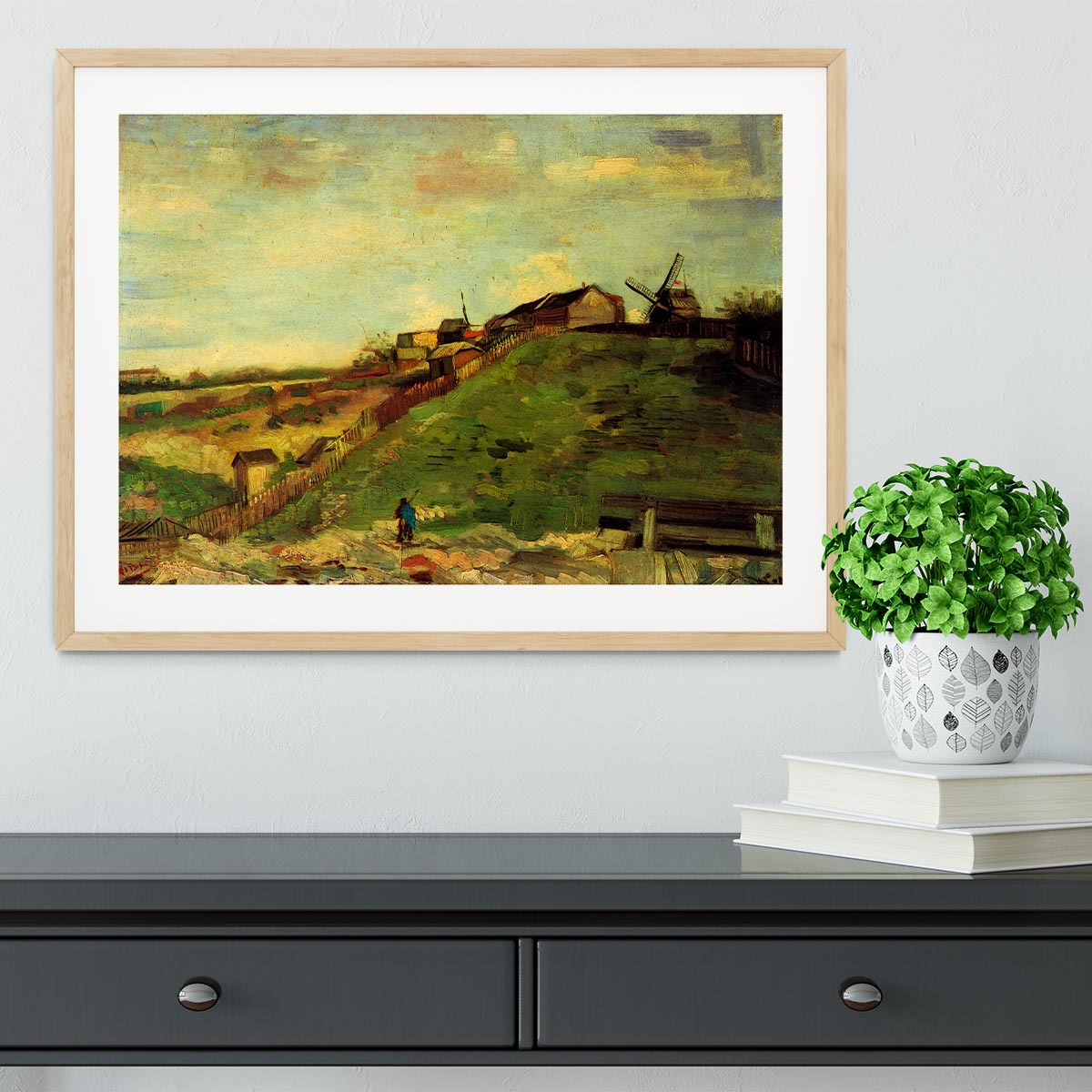 Framed print of Montmartre Quarry the Mills by Van Gogh, showcasing vibrant colors and intricate details in a stylish frame.