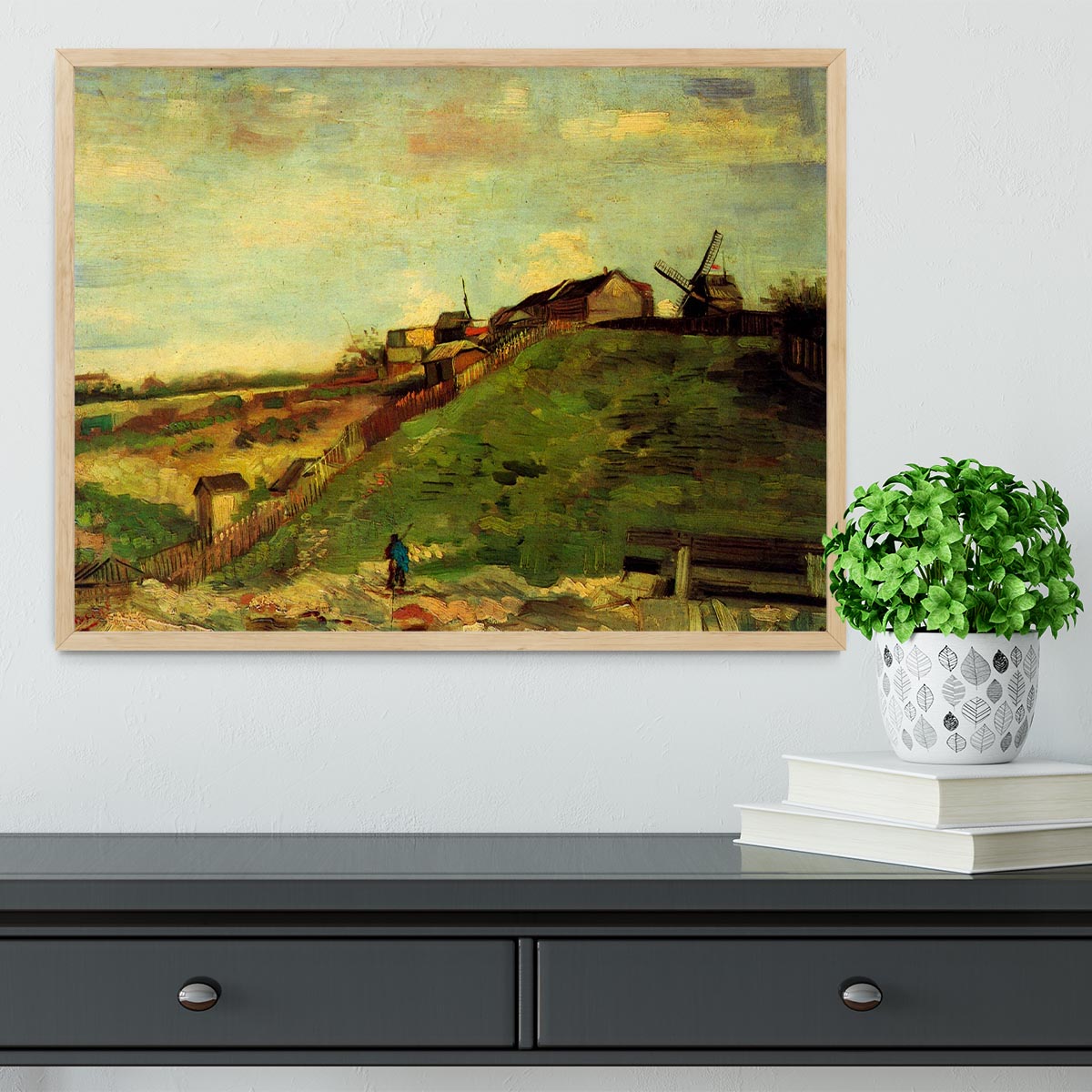 Framed print of Montmartre Quarry the Mills by Van Gogh, showcasing vibrant colors and intricate details in a stylish frame.