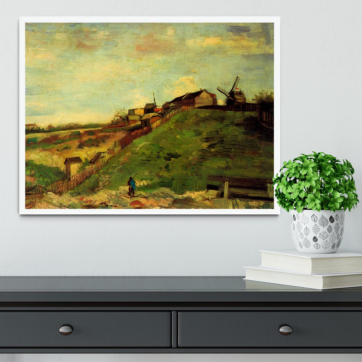 Framed print of Montmartre Quarry the Mills by Van Gogh, showcasing vibrant colors and intricate details in a stylish frame.