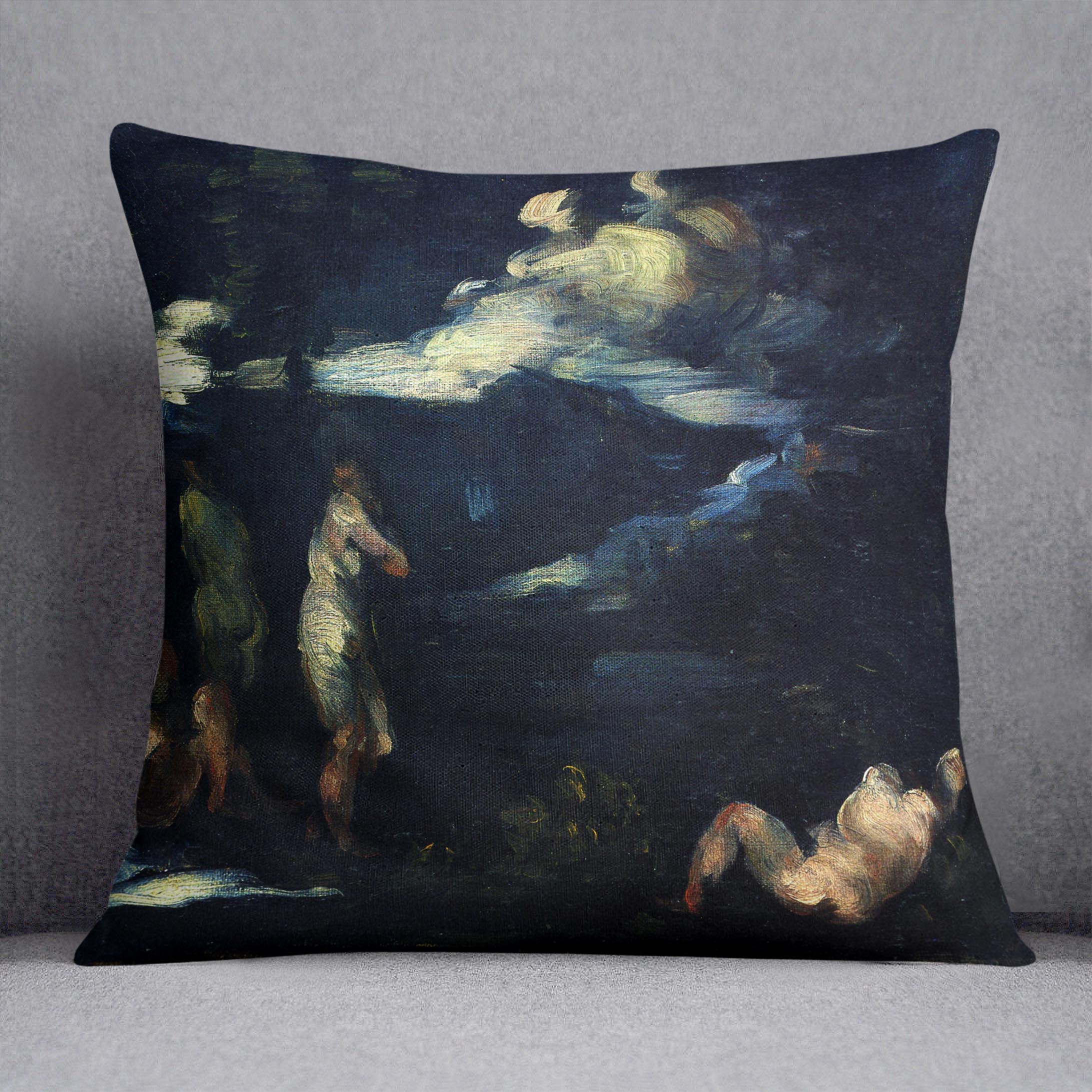 More Bathers by Cezanne Cushion featuring vibrant abstract design on luxurious vegan faux suede.