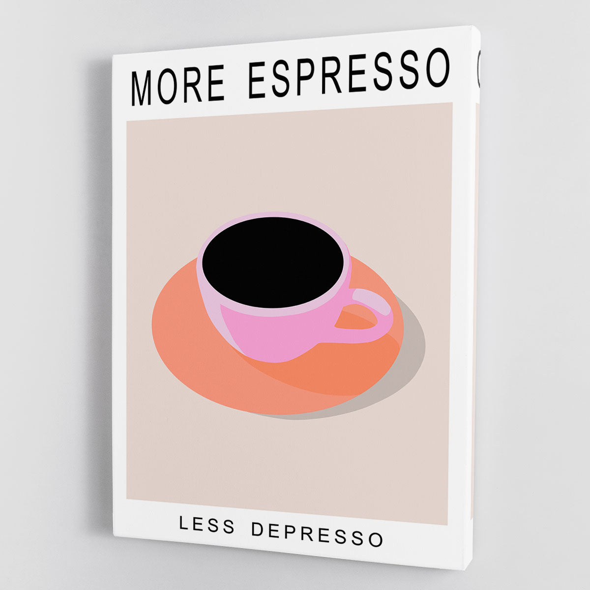 More Espresso Less Depresso canvas print featuring a playful coffee-themed design, perfect for modern decor.