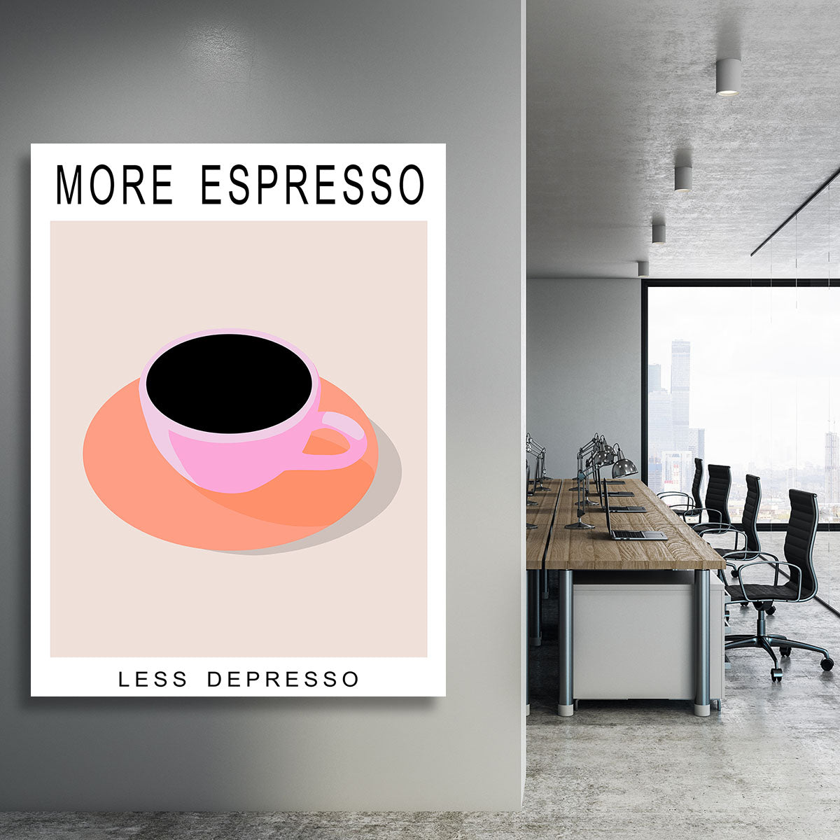 More Espresso Less Depresso canvas print featuring a playful coffee-themed design, perfect for modern decor.