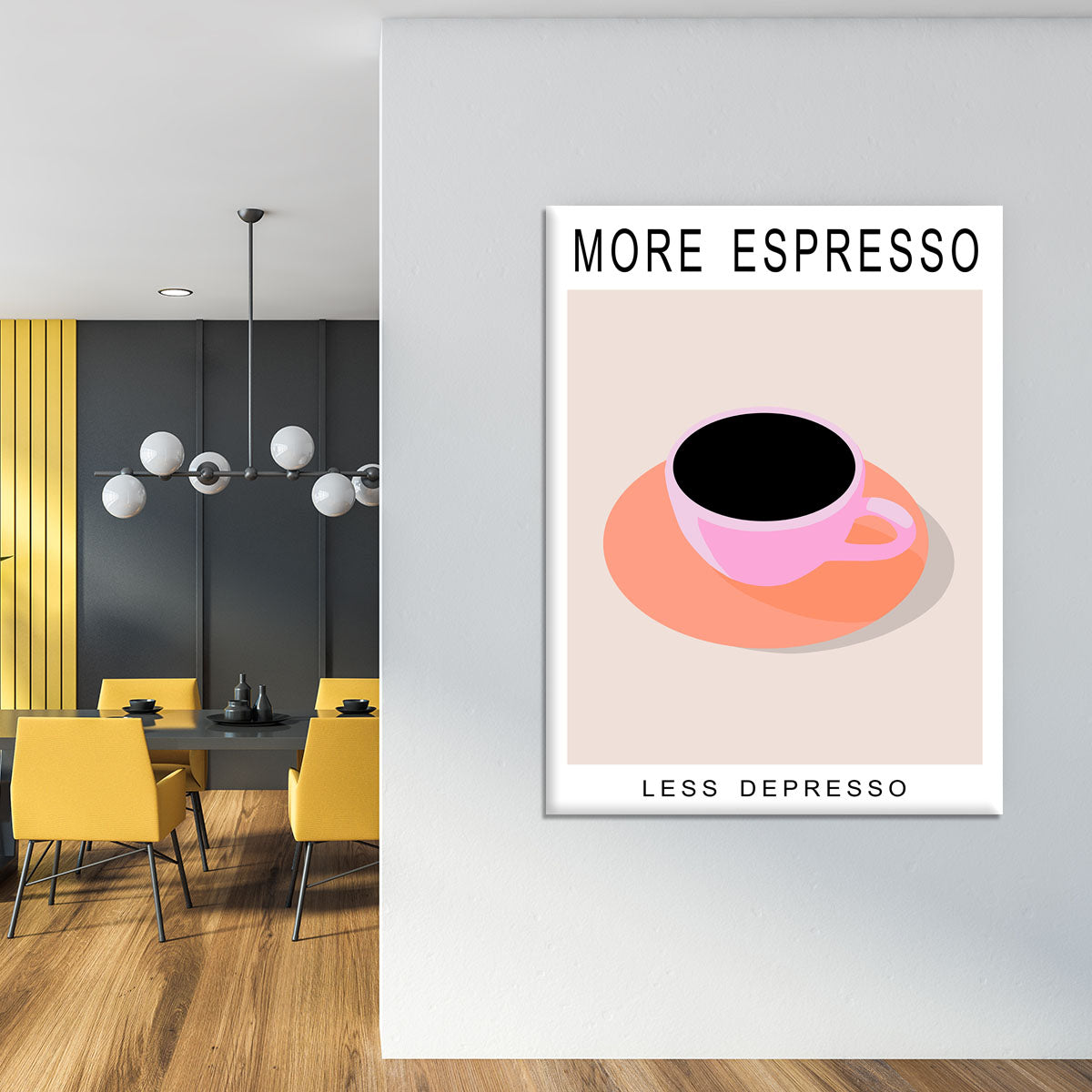 More Espresso Less Depresso canvas print featuring a playful coffee-themed design, perfect for modern decor.