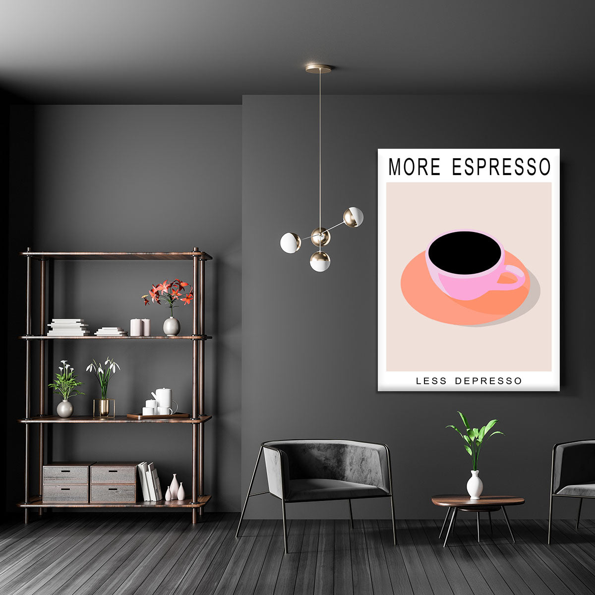 More Espresso Less Depresso canvas print featuring a playful coffee-themed design, perfect for modern decor.