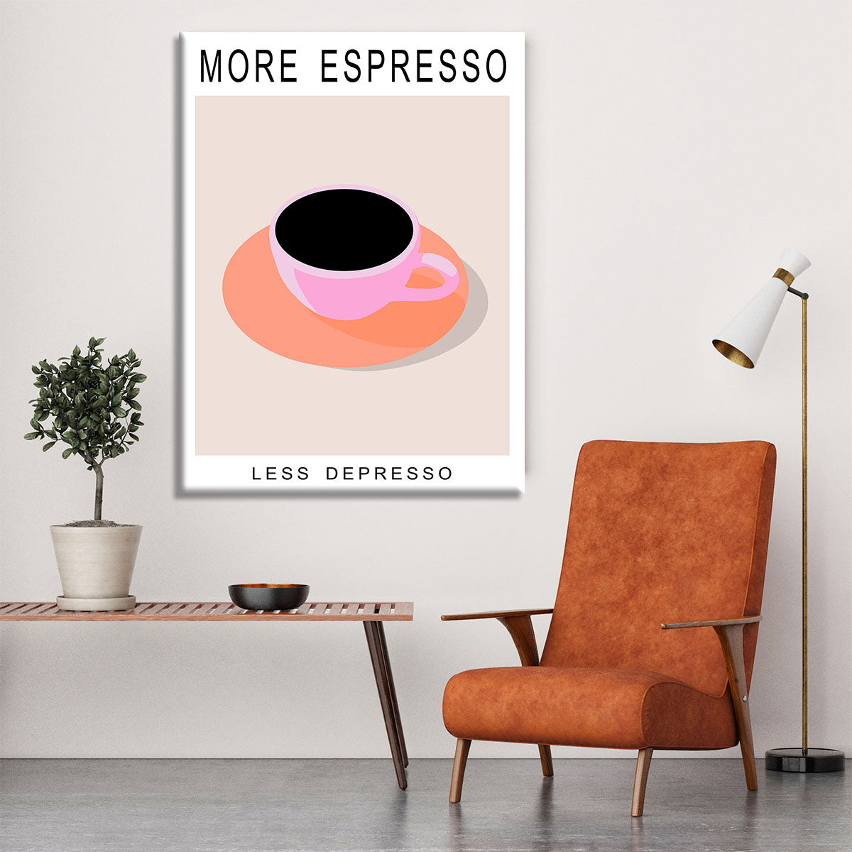 More Espresso Less Depresso canvas print featuring a playful coffee-themed design, perfect for modern decor.