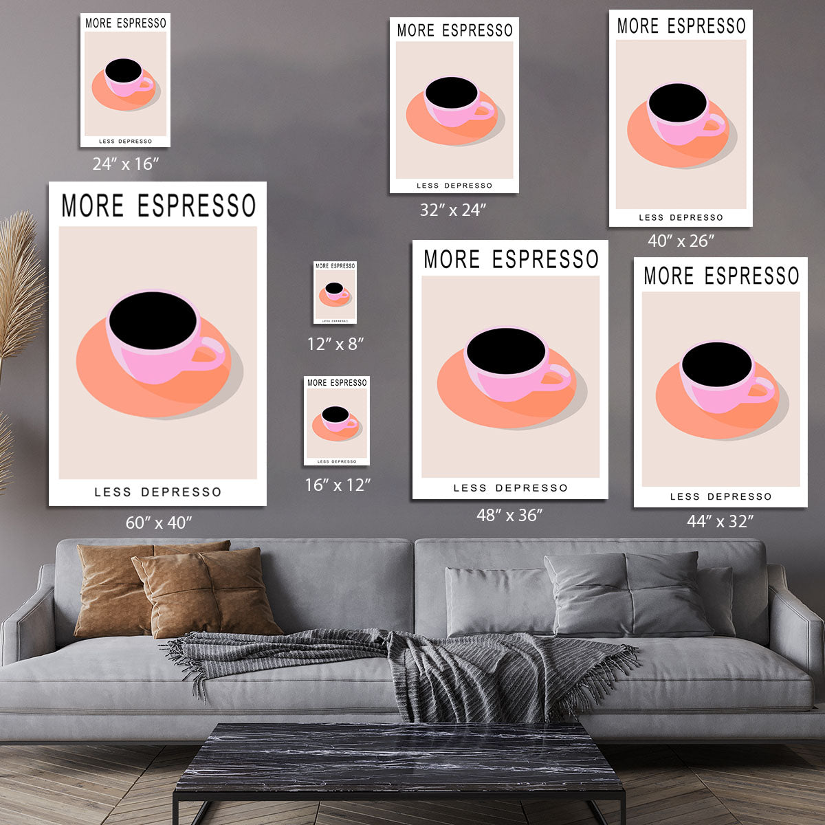 More Espresso Less Depresso canvas print featuring a playful coffee-themed design, perfect for modern decor.