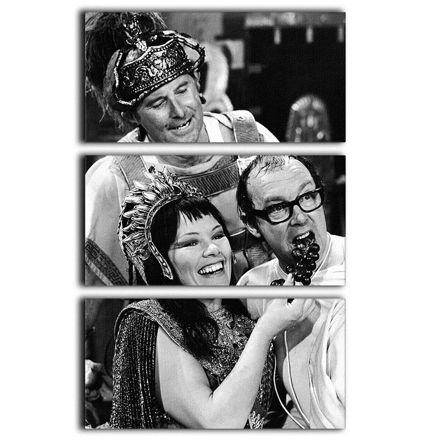 Three-panel canvas print featuring Morecambe and Wise with Glenda Jackson, showcasing vibrant colors and artistic design.