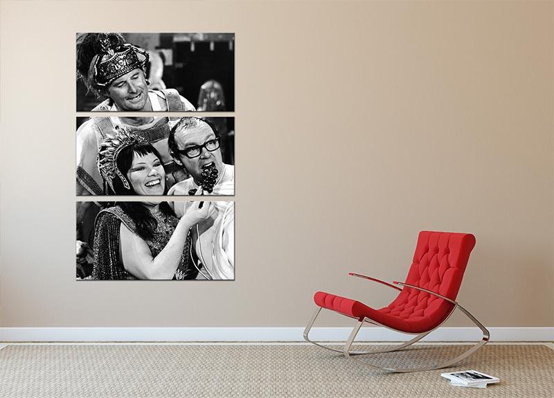 Three-panel canvas print featuring Morecambe and Wise with Glenda Jackson, showcasing vibrant colors and artistic design.