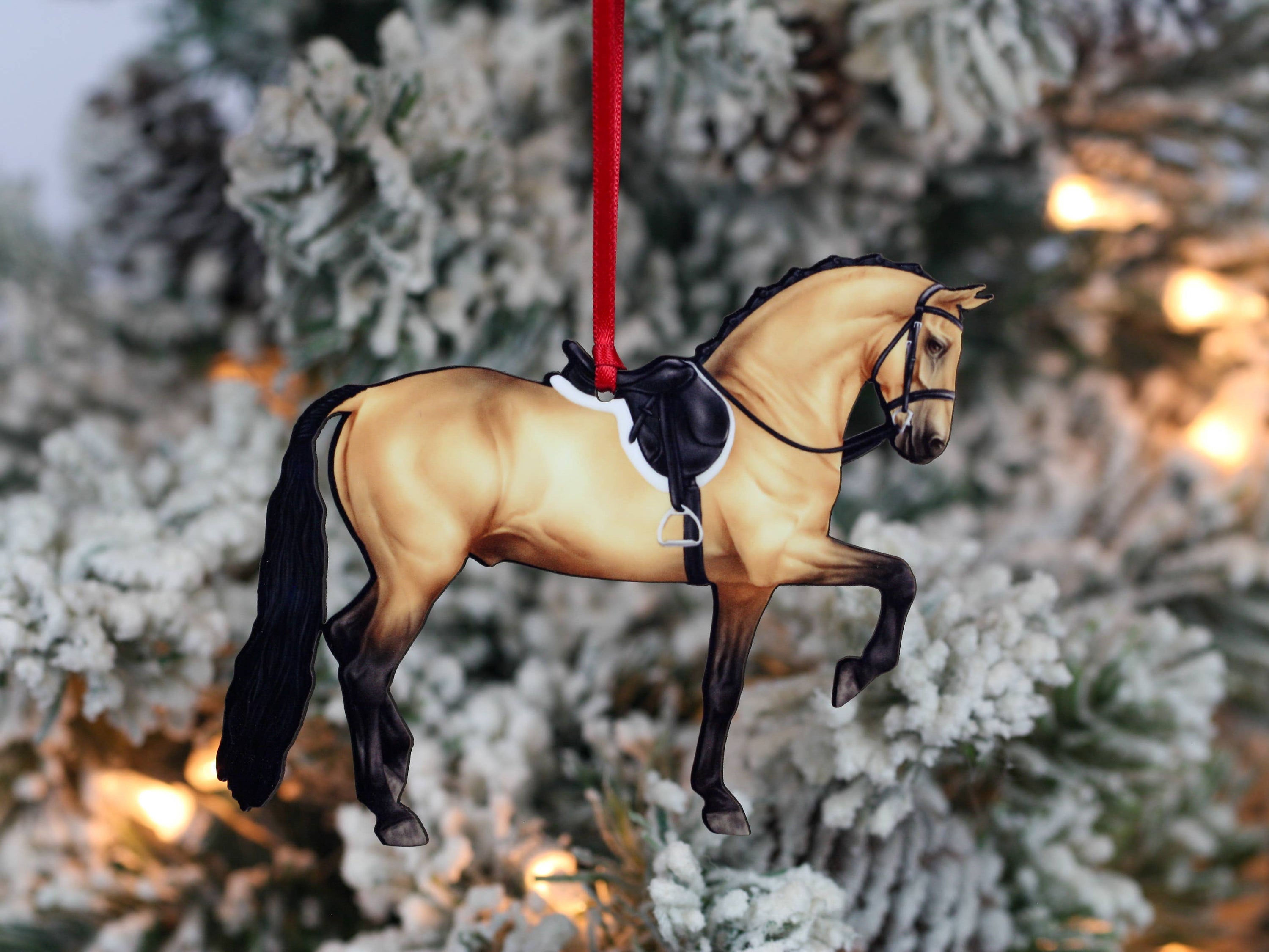 Morgan Horse Buckskin Ornament, handmade from composite wood, featuring intricate laser-cut details, perfect for Christmas decor.